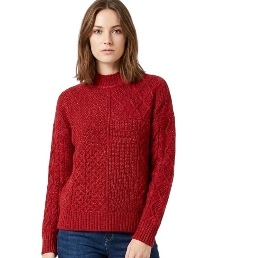 American Eagle Sweater Mens Small Red Patchwork Cable Knit Crewneck Pullover Y2K